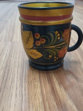 Khokhloma Hand-Painted Black Floral Wooden Mug with Gold Accents